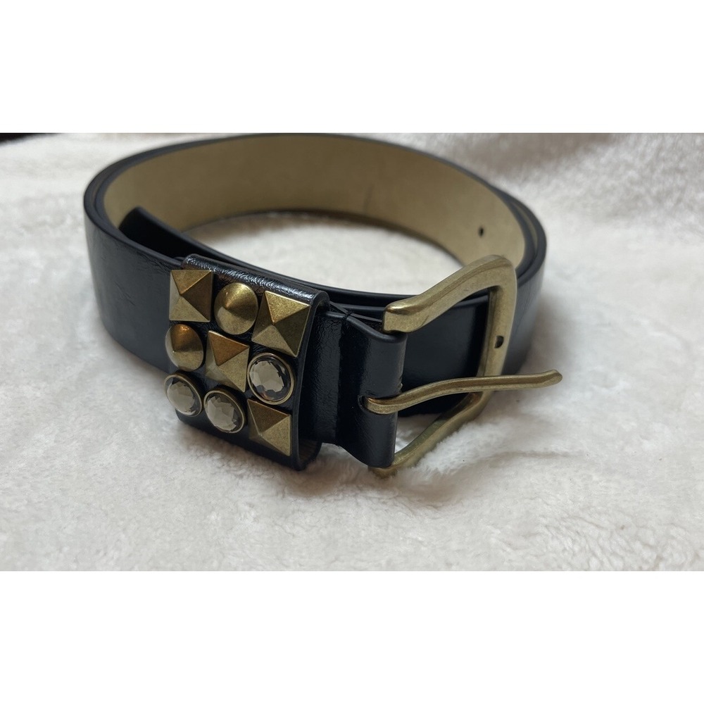 Betsey Johnson Black Faux Leather Studded Rhinestone Waist Belt Size L BB2010